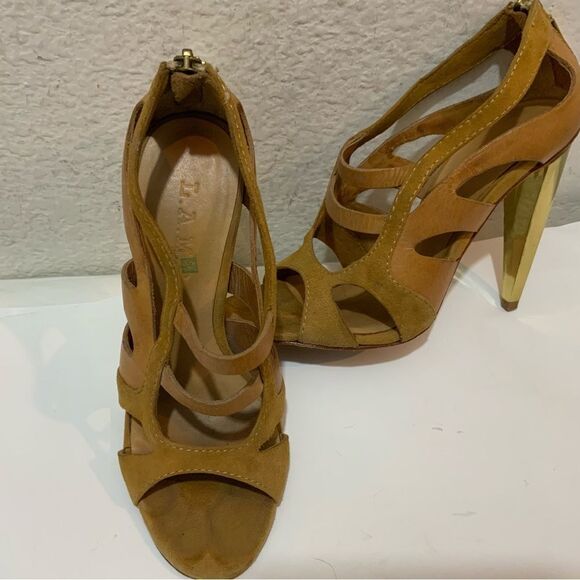 L.A.M.B. Tan Leather And Suede Strappy Sandals With Gold Heel Size 6 M - Picture 3 of 15